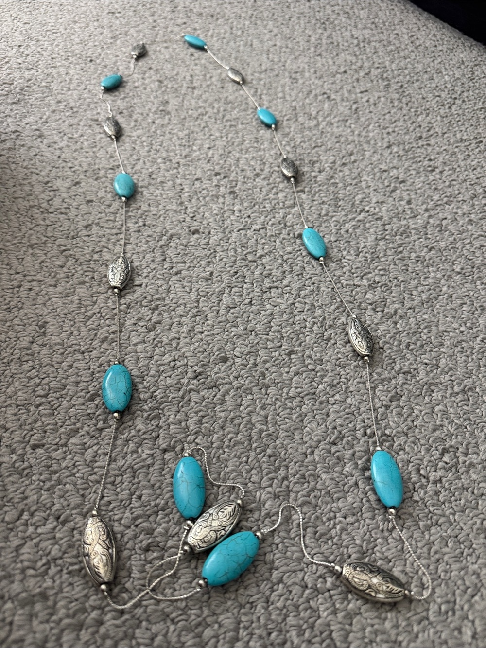 Turquoise Bead and Silver Accent Long Necklace